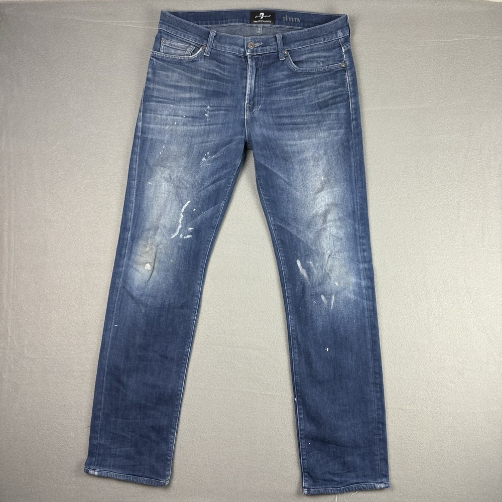 7 For All Mankind Jeans Mens 34x32 Blue Luxe Sport Slimmy Paint Pants STAINS USA